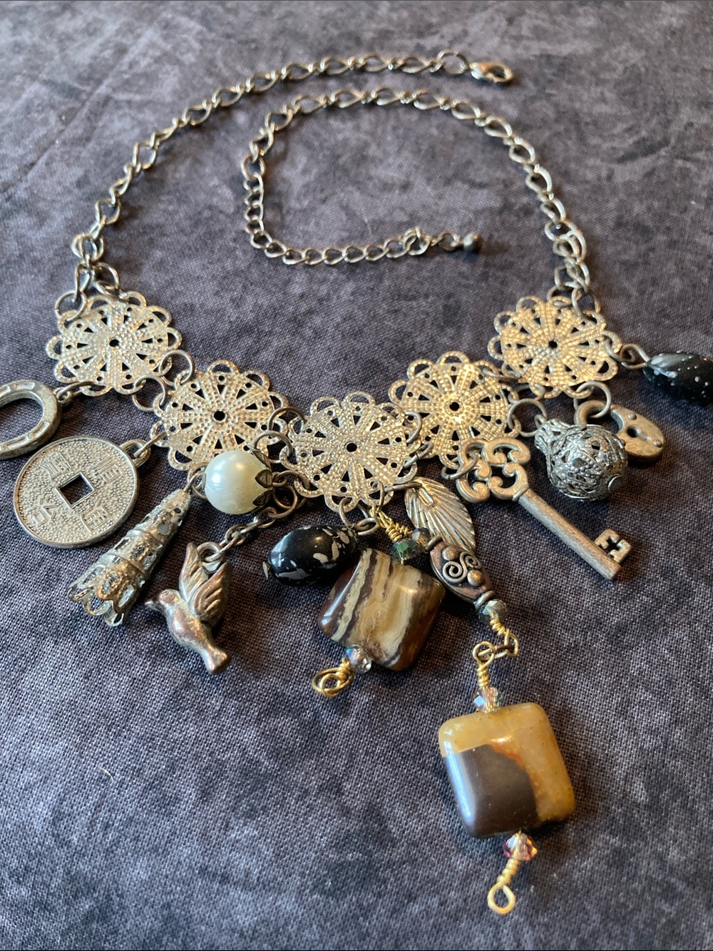 Boho Mixed-Metal and Brown Charm Necklace